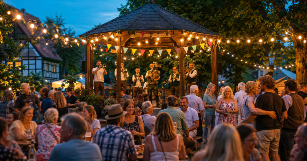 Fröhliches Dorf- oder Schützenfest am Abend mit Live-Musik auf einer kleinen Bühne, warmen Lichterketten und Menschen in geselliger Sommerstimmung.