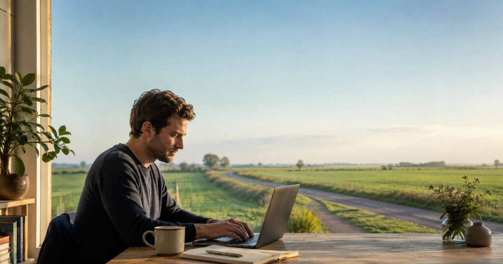 Person arbeitet an einem Laptop an einem hellen Schreibtisch mit Blick auf Felder, Landstraße und Radweg in einer ländlichen Grenzregion.
